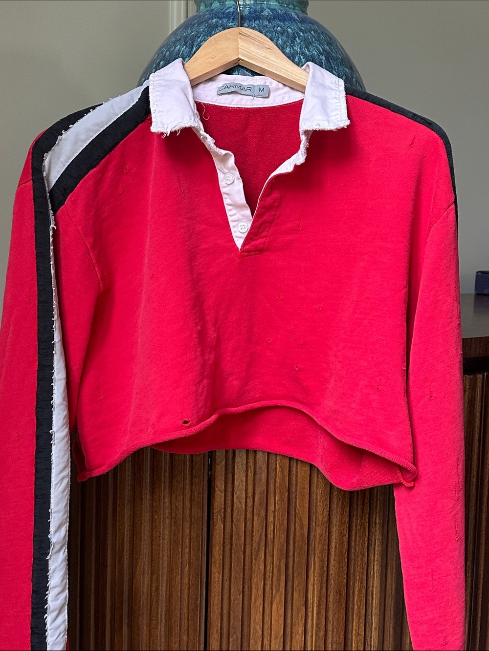 Carmar Red Cropped Rugby Top with Black & White Stripe